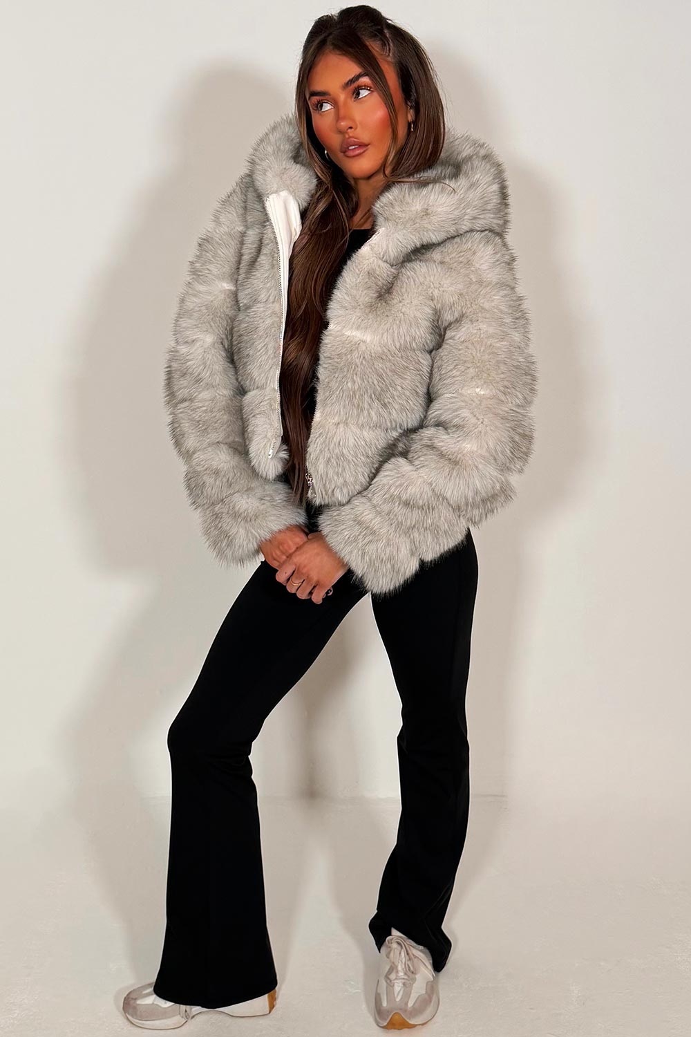 Grey Faux Fur Jacket With Hood