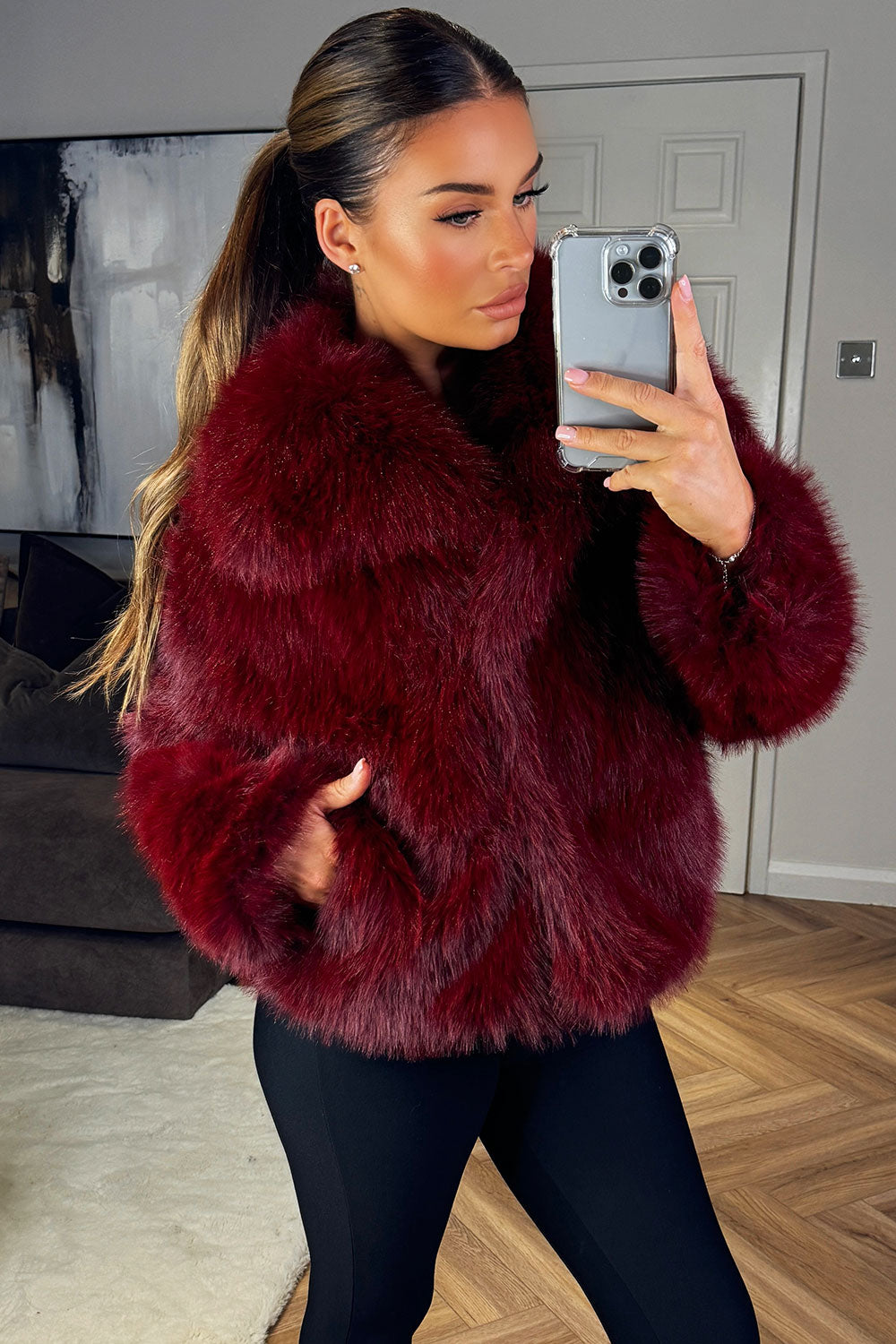 Faux Fur Short Plush Jacket Burgundy
