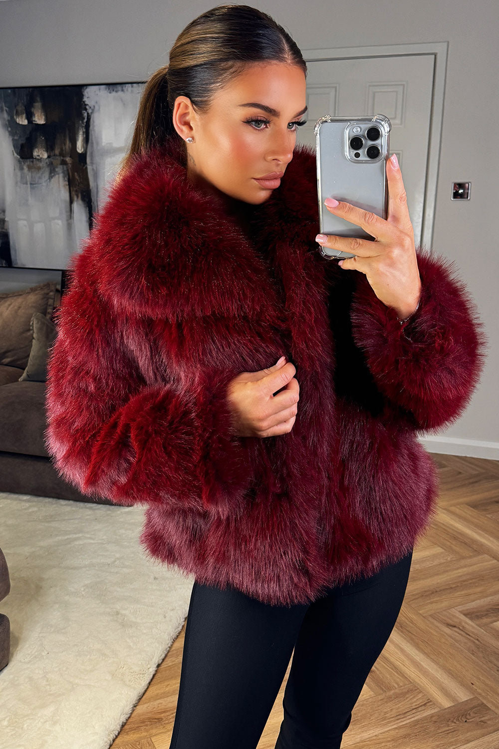 Faux Fur Short Plush Jacket Burgundy