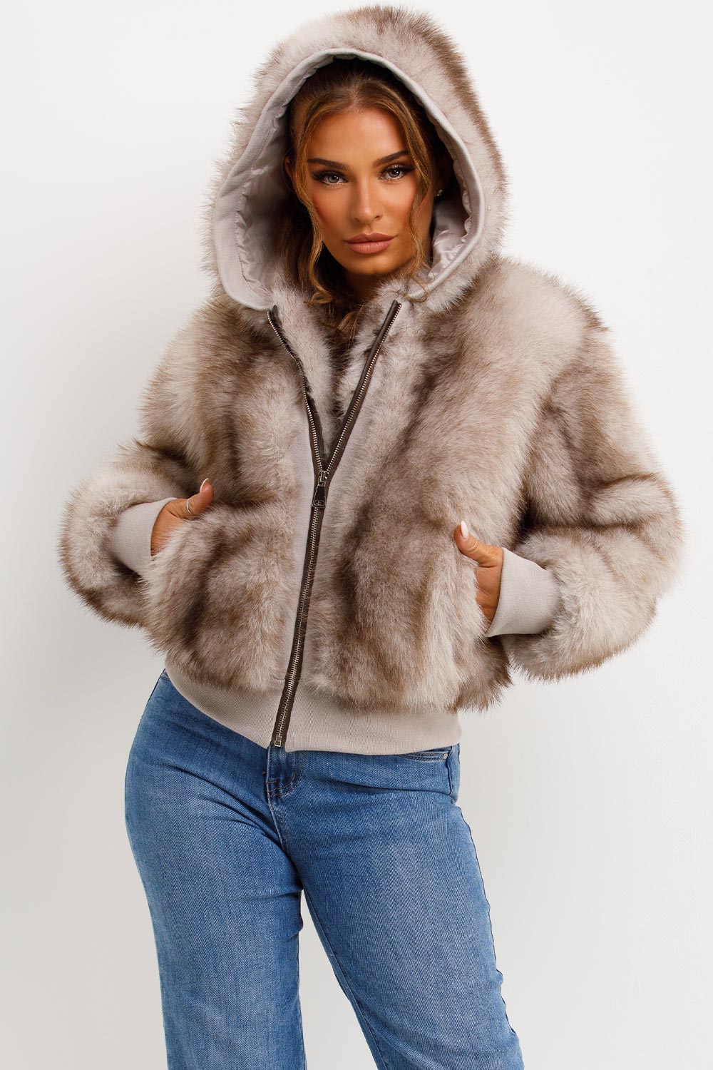 Fur Coat With Hood Beige