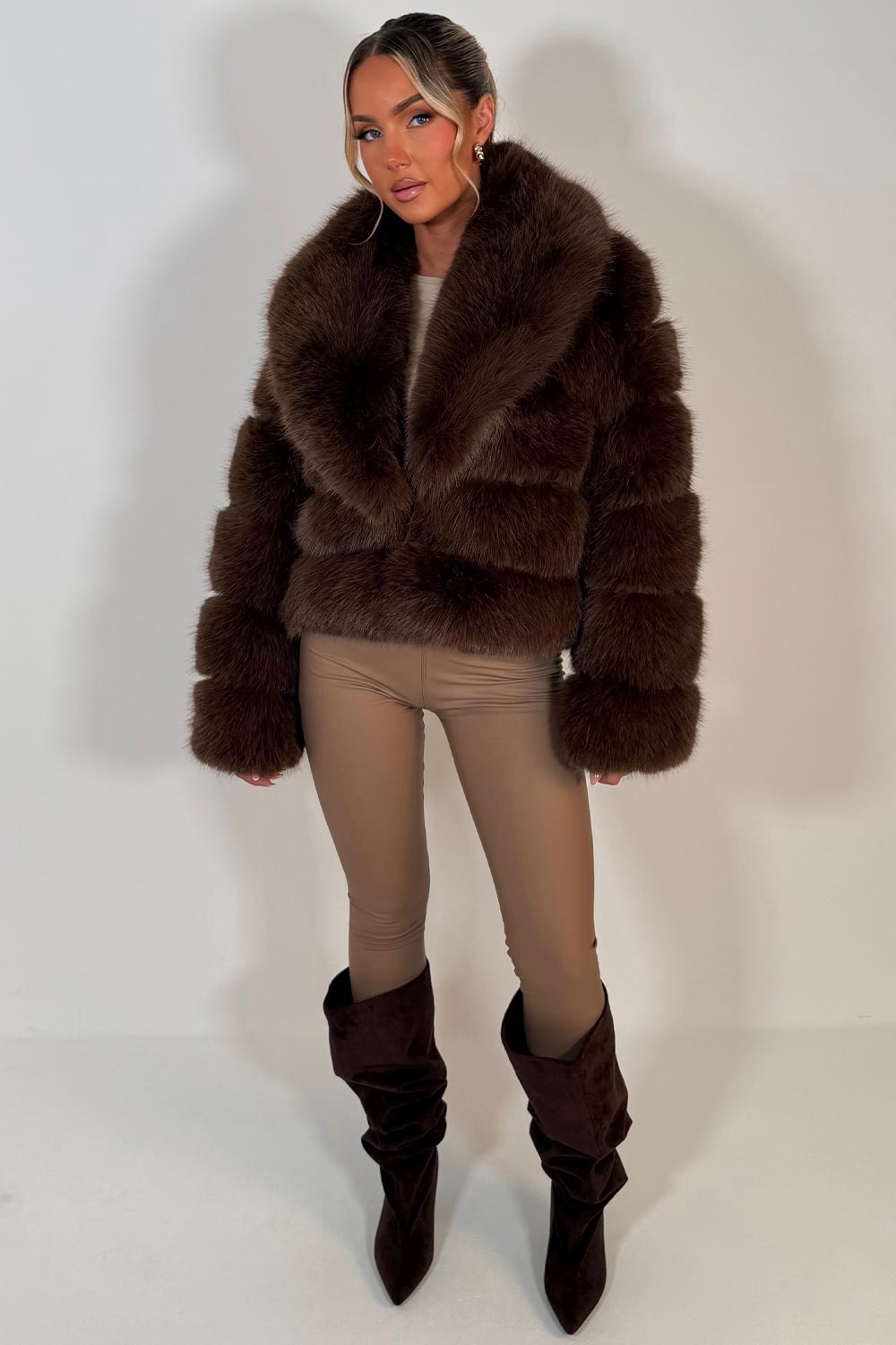 Faux Fur Coat With Collar Brown