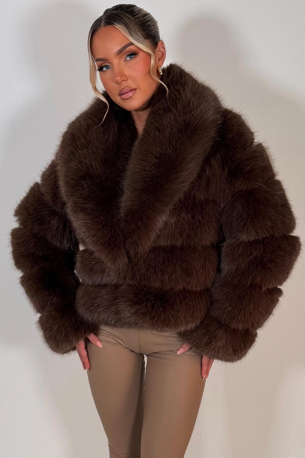 Faux Fur Coat With Collar Brown