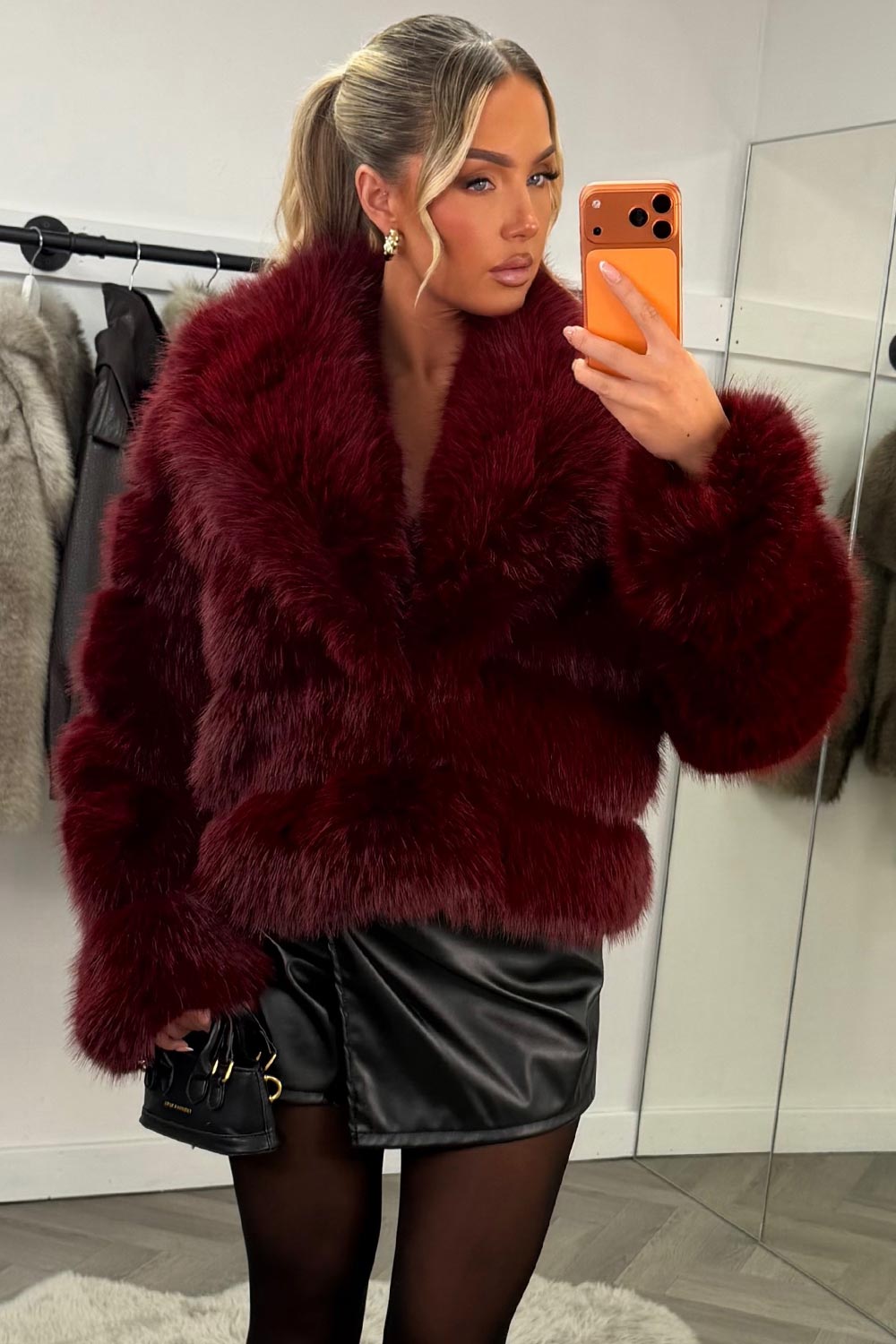 Faux Fur Coat With Collar Burgundy