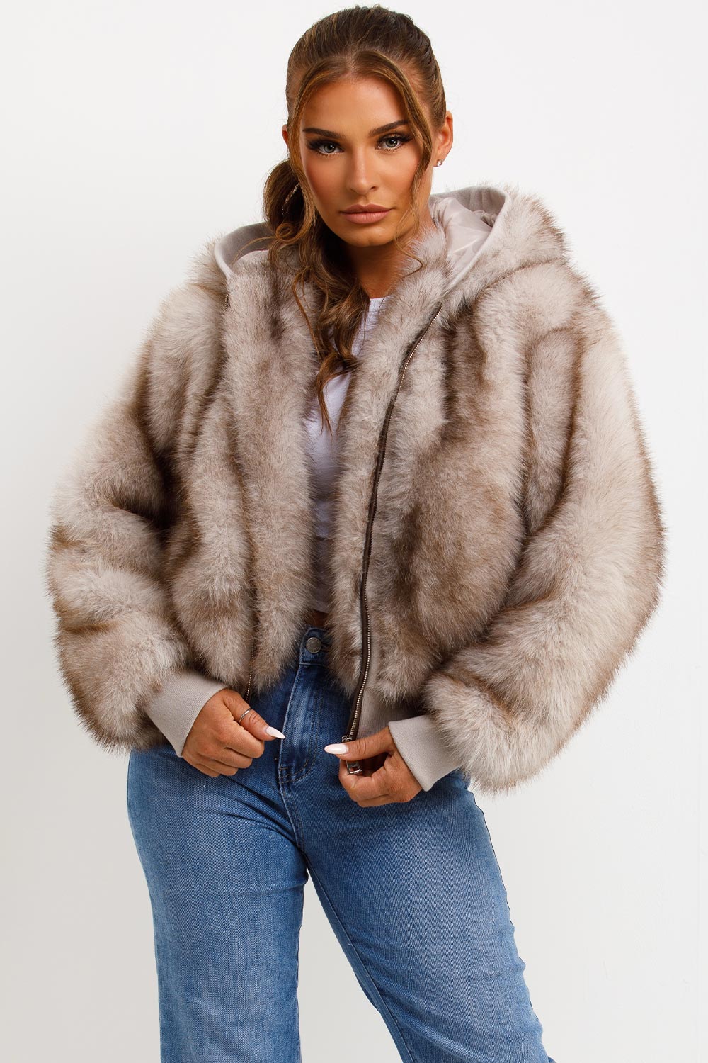 Fur Coat With Hood Beige