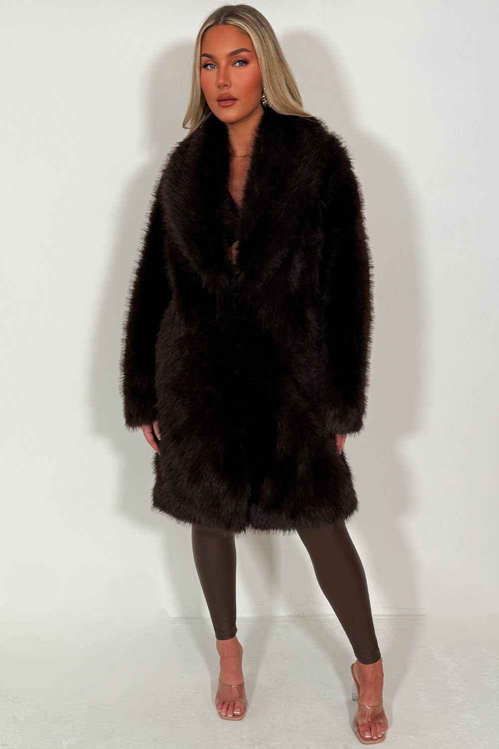 Long Faux Fur Coat Brown