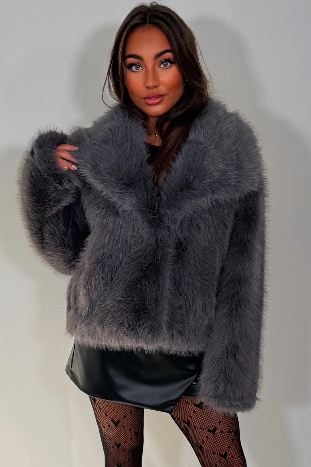 Faux Fur Jacket Collared Grey