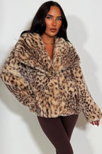 Faux Fur Jacket In Beige Leopard Print