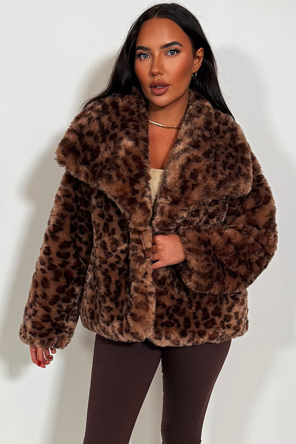 Faux Fur Jacket In Tan Leopard Print