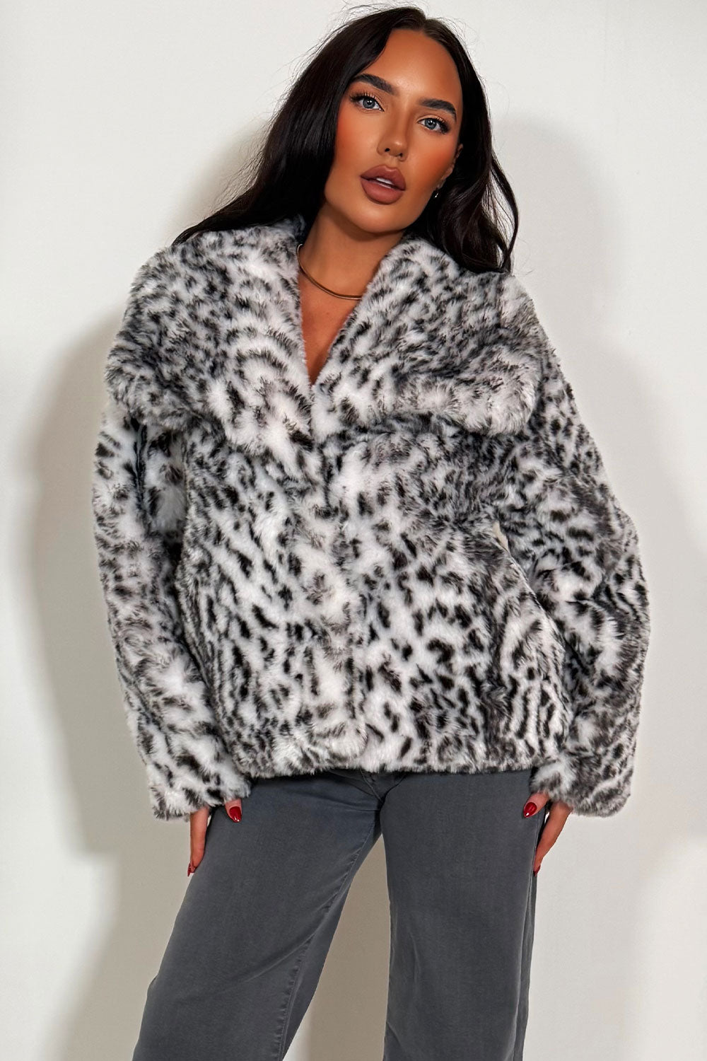 Faux Fur Jacket In White Leopard Print