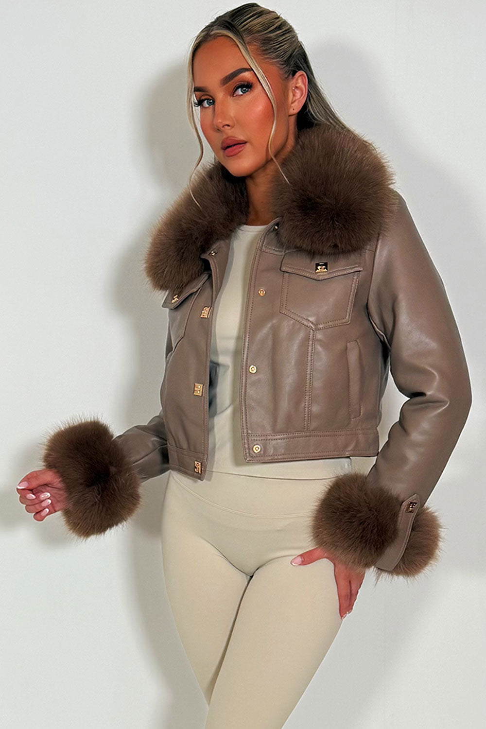 Taupe Faux Fur Faux Leather Bomber Jacket With Gold Button