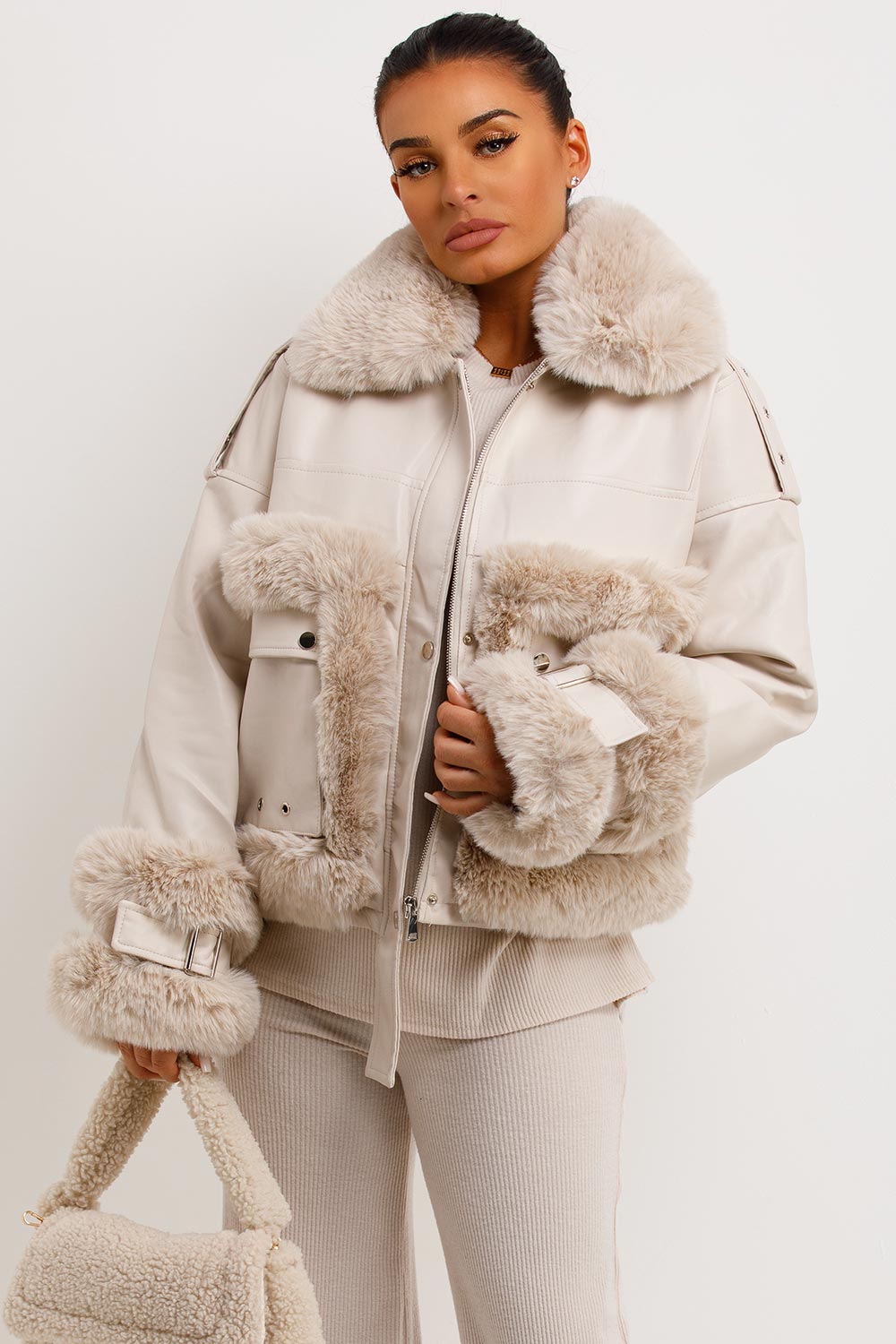 Faux Fur Trim Faux Leather Jacket Beige