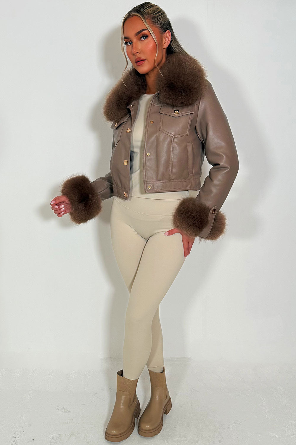 Taupe Faux Fur Faux Leather Bomber Jacket With Gold Button