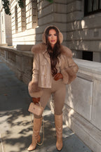 Taupe Faux Leather Jacket With Faux Fur Collar Cuff & Adjustable Waist
