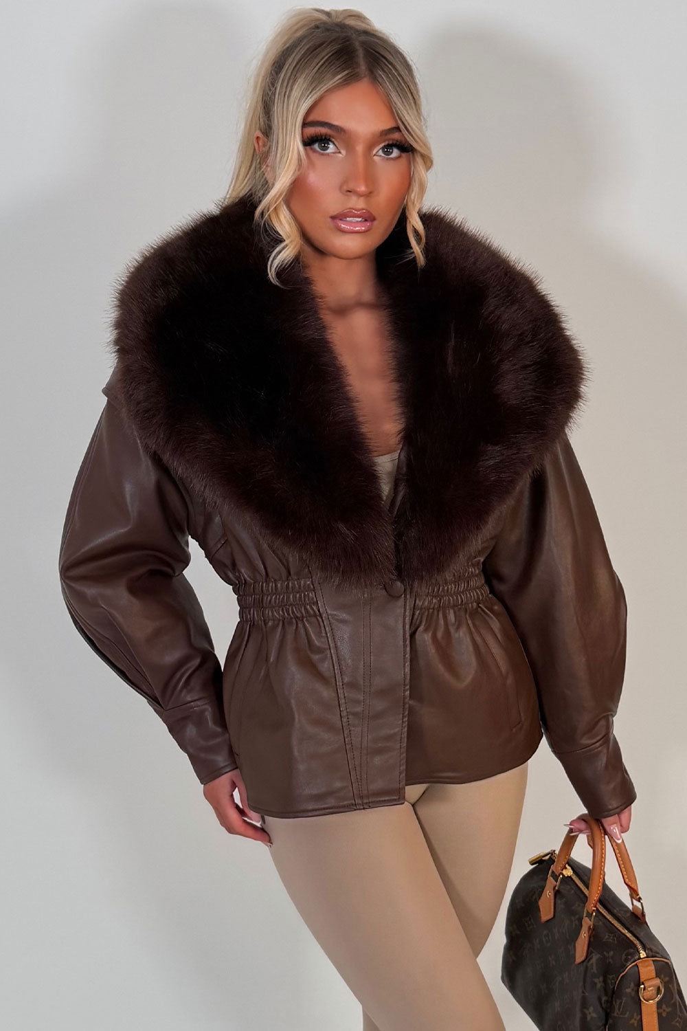 Brown Fur Collar Faux Leather Jacket With Cinched Waist
