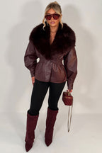 Burgundy Fur Collar Faux Leather Jacket With Cinched Waist