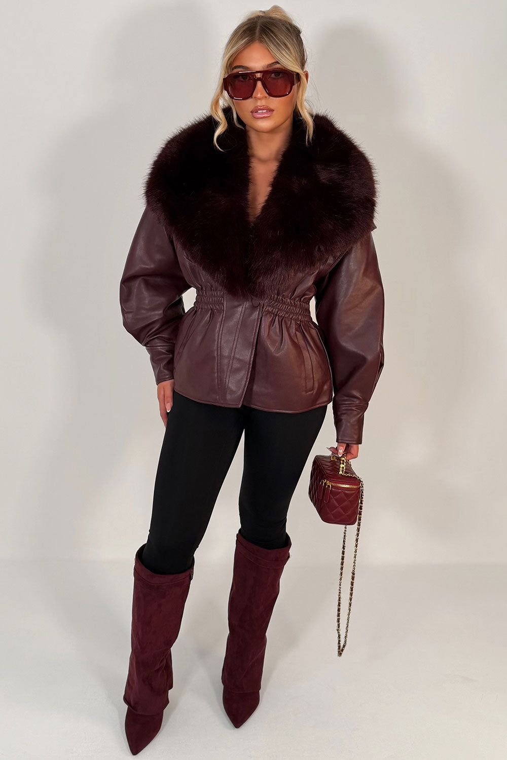 Burgundy Fur Collar Faux Leather Jacket With Cinched Waist