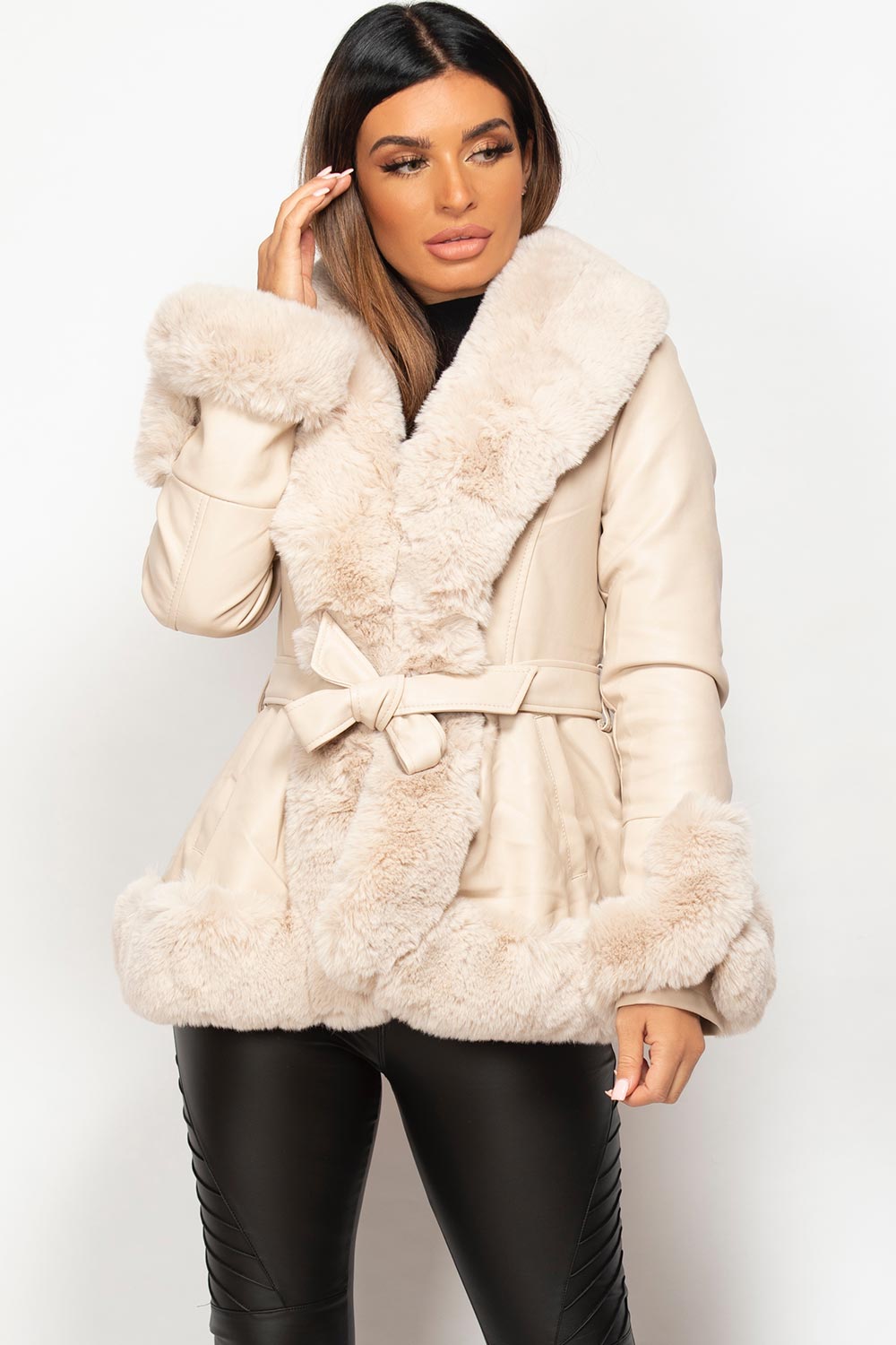 Faux Leather Faux Fur Belted Jacket Cream