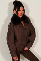 Faux Suede Faux Fur Collar Jacket Brown
