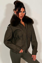 Faux Suede Faux Fur Collar Jacket Khaki