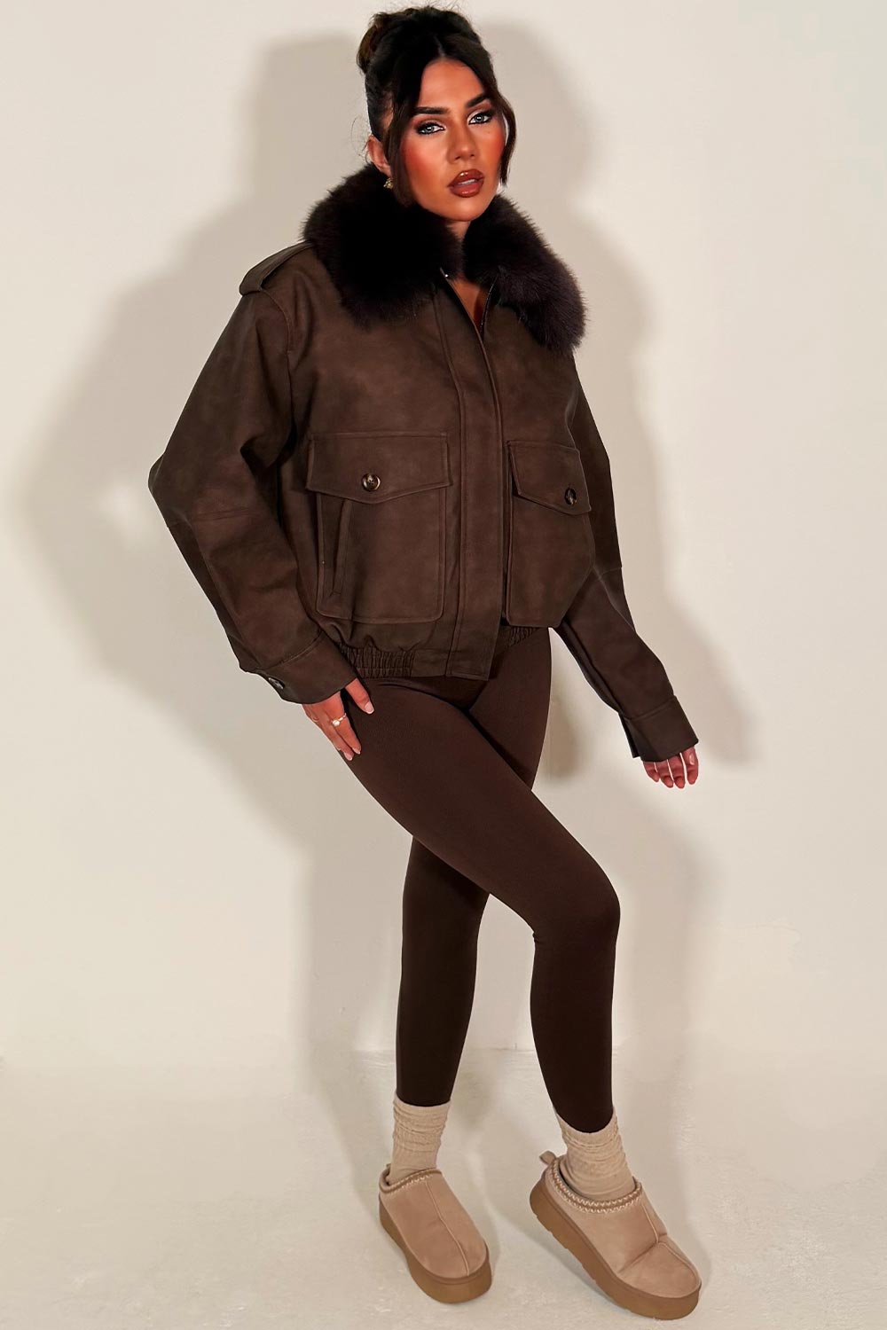 Faux Suede Faux Fur Collar Jacket Brown