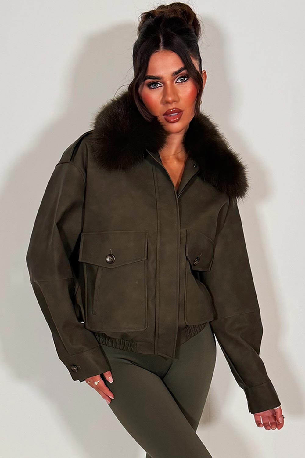 Faux Suede Faux Fur Collar Jacket Khaki