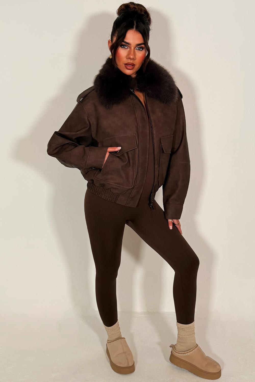 Faux Suede Faux Fur Collar Jacket Brown