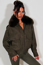 Faux Suede Faux Fur Collar Jacket Khaki