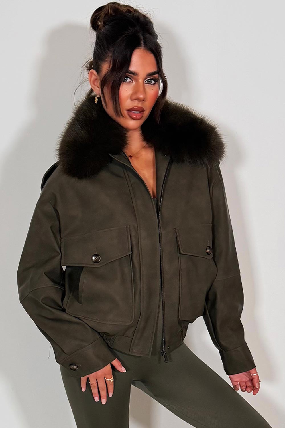 Faux Suede Faux Fur Collar Jacket Khaki