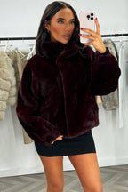 Funnel Neck Faux Fur Jacket Burgundy