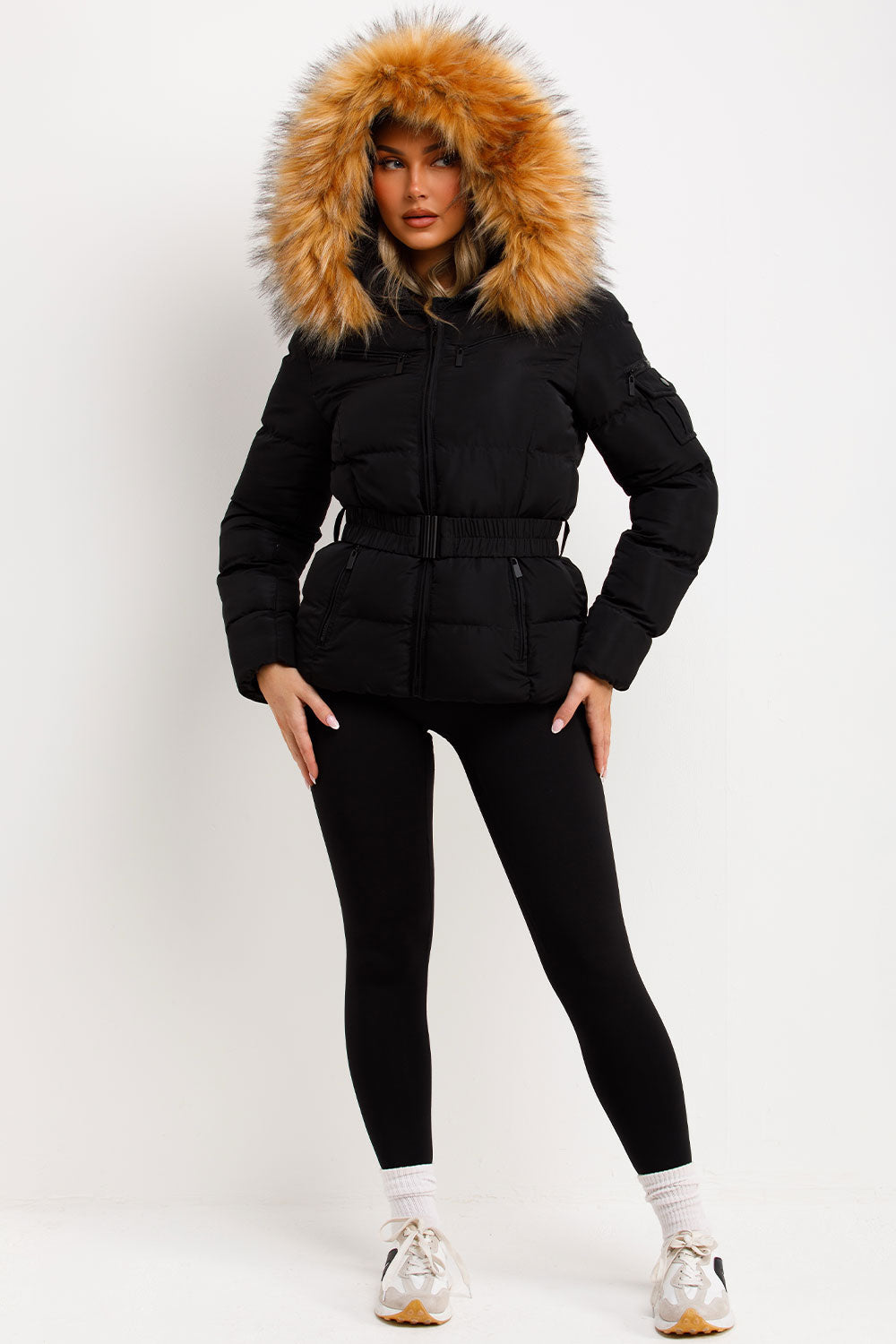 Faux Fur Hood Puffer Jacket With Belt Black