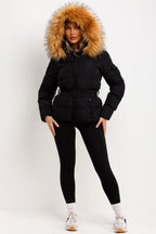Faux Fur Hood Puffer Jacket With Belt Black