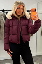 Puffer Jacket With Fur Hood Burgundy