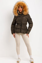 Faux Fur Hood Puffer Jacket With Belt Khaki