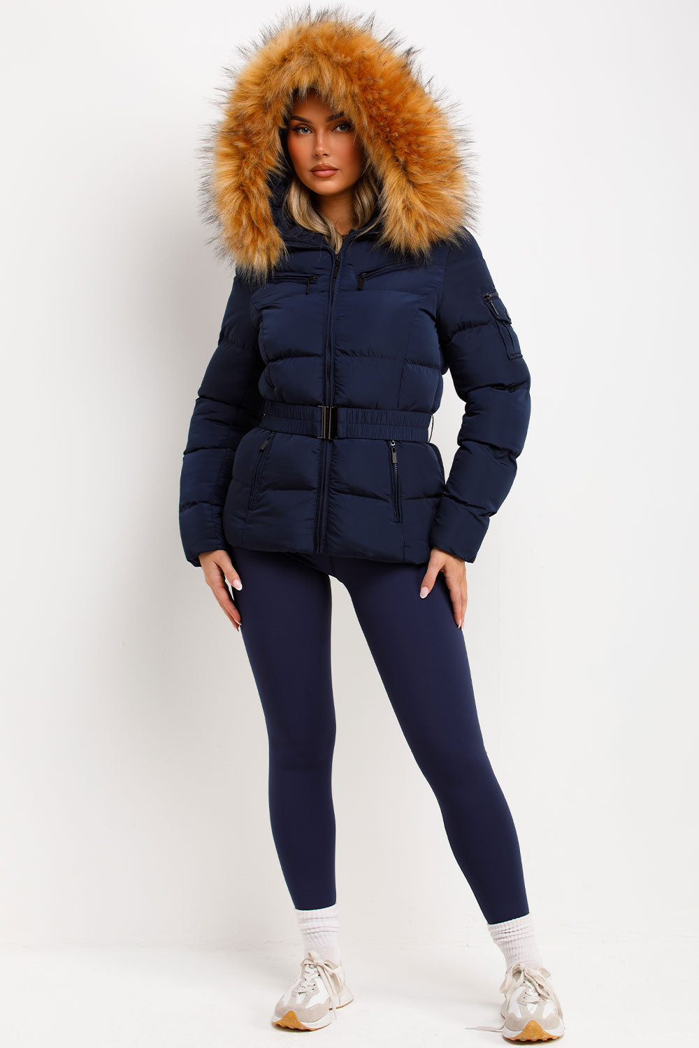 Navy Faux Fur Hooded Jacket With Belt