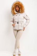 Faux Fur Hood Puffer Jacket With Belt Beige