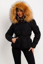 Faux Fur Hood Puffer Jacket With Belt Black