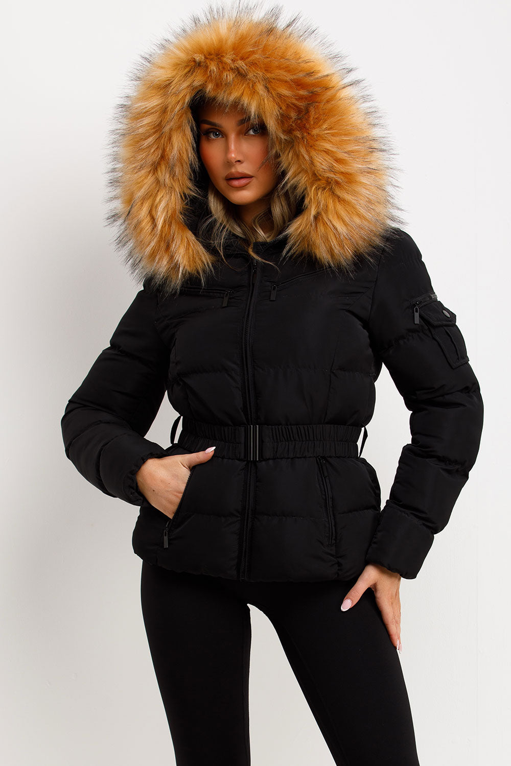 Faux Fur Hood Puffer Jacket With Belt Black