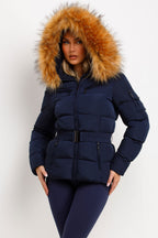 Navy Faux Fur Hooded Jacket With Belt