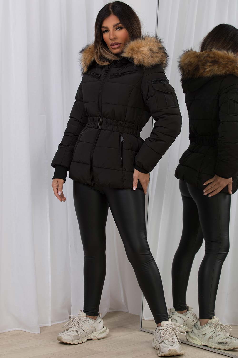 Faux Fur Hood Puffer Jacket With Belt Black