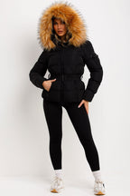 Faux Fur Hood Puffer Jacket With Belt Black