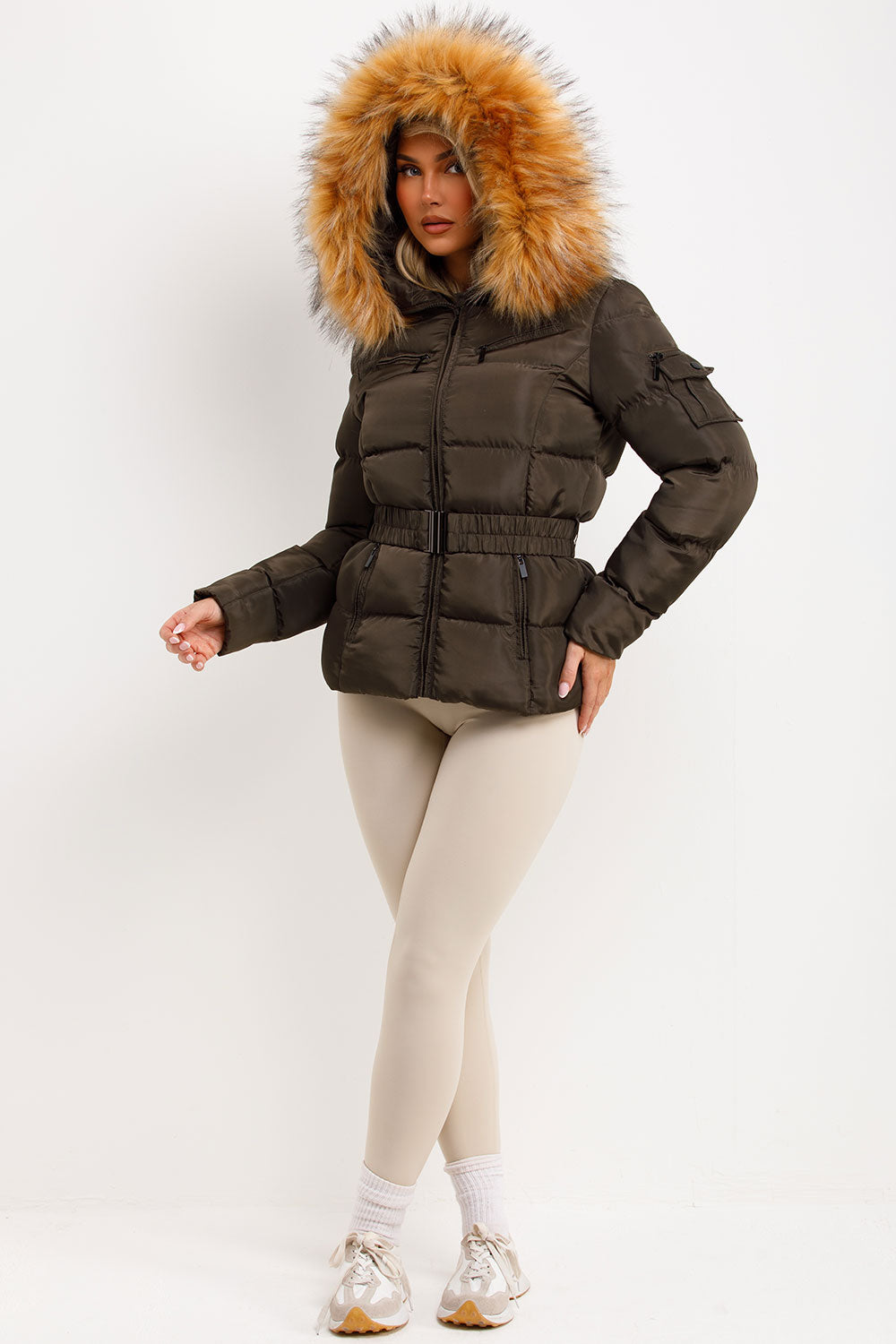 Faux Fur Hood Puffer Jacket With Belt Khaki