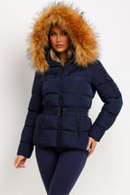 Navy Faux Fur Hooded Jacket With Belt