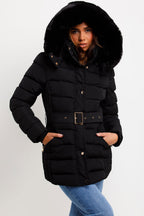 Black Puffer Coat With Faux Fur Hood And Belt