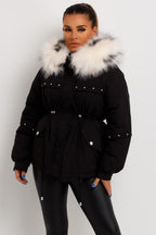 Black Coat With Faux Fur Hood And Drawstring Waist