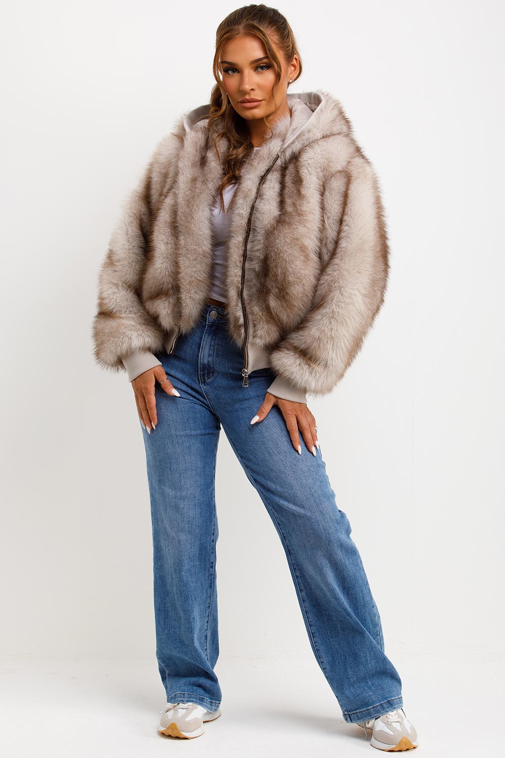 Fur Coat With Hood Beige