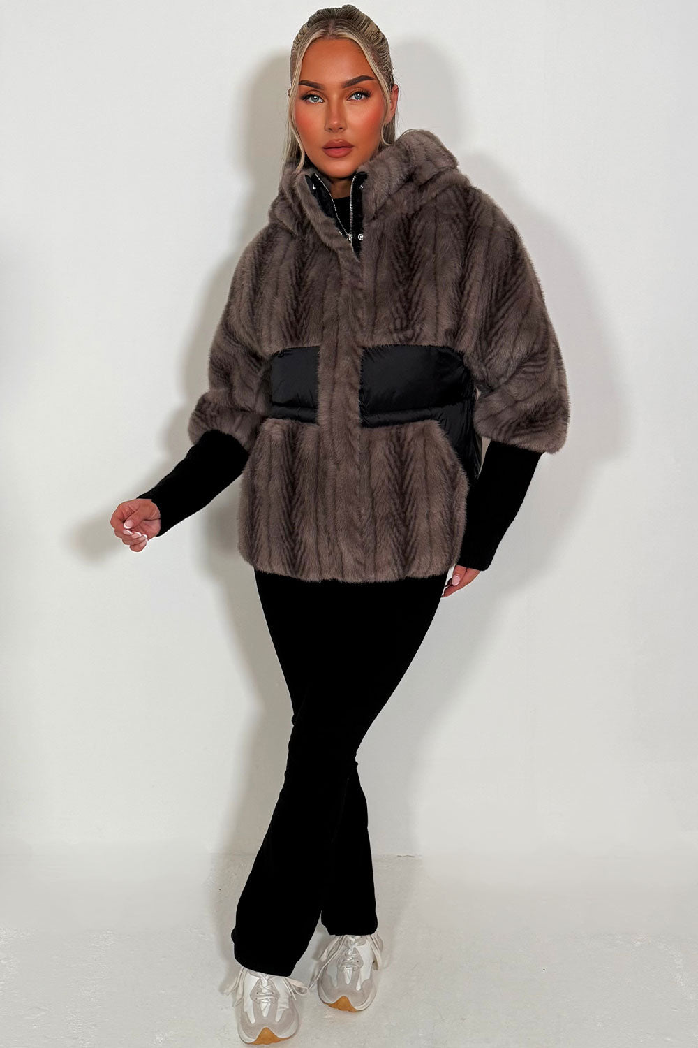 Faux Fur Jacket With Hood Taupe