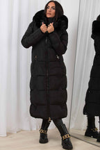 Long Puffer Padded Coat With Faux Fur Hood Black