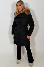 Long Puffer Coat With Faux Fur Hood And Belt Black