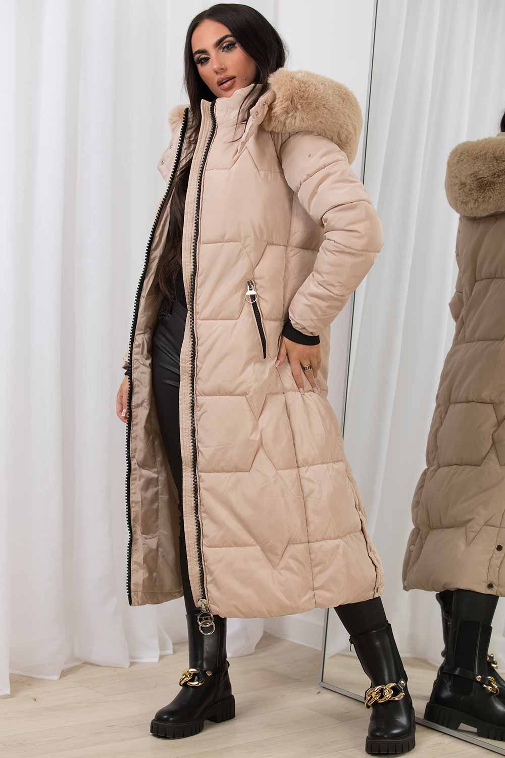 Long Puffer Padded Coat With Faux Fur Hood Beige