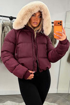 Puffer Jacket With Fur Hood Burgundy